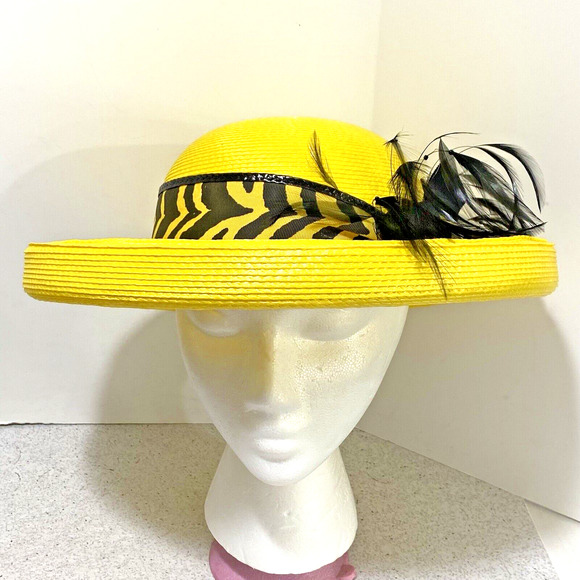 Vintage 80's Yellow & Black Deborah New York Straw Sun Hat Wide Brim w/ Feathers - Picture 1 of 9